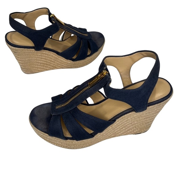 Michael Kors Sandals Berkley Canvas Jute Wedge Zipper Platform Navy Blue Tan 8 M - Picture 1 of 16